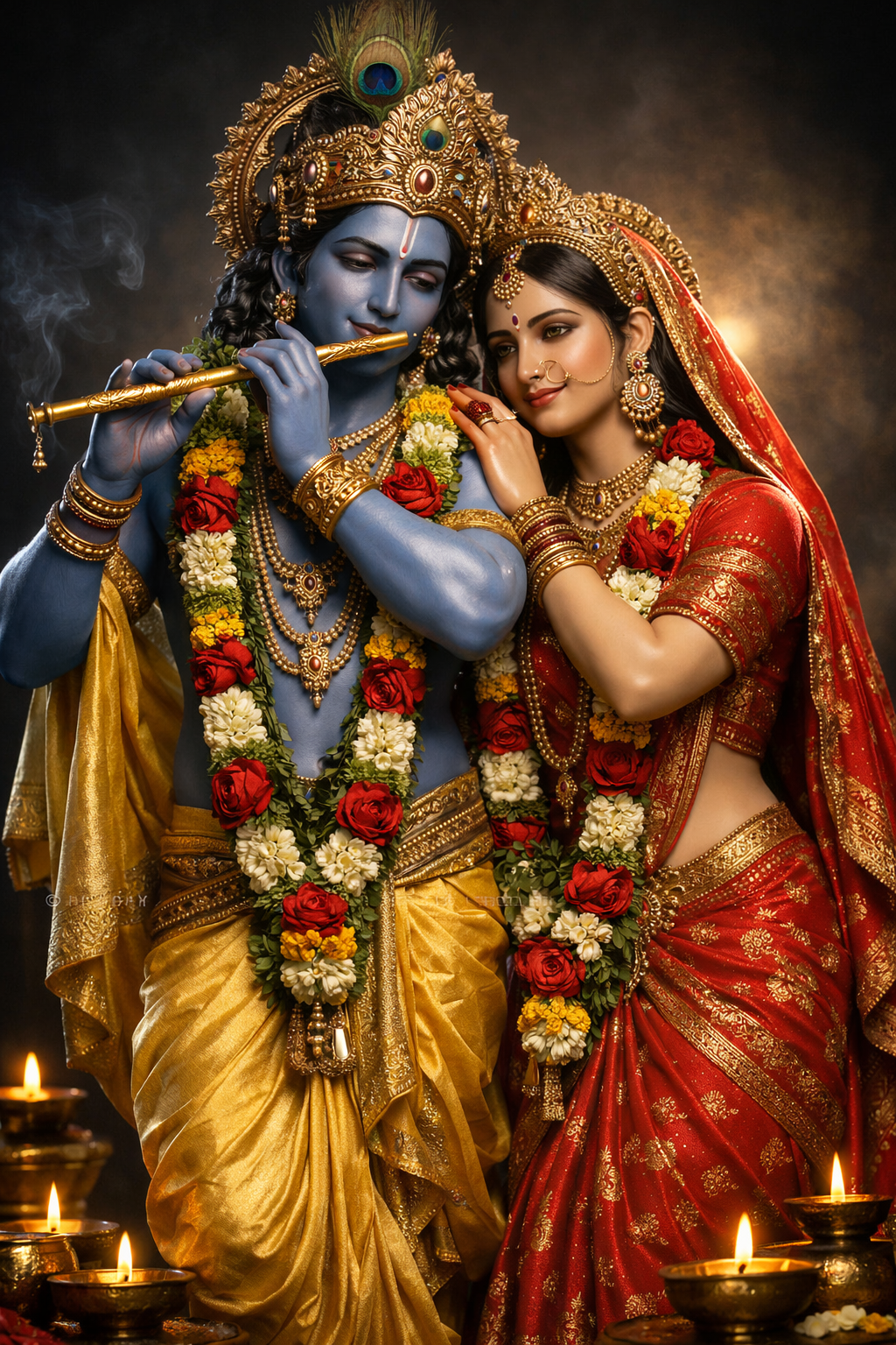 Hyper-realistic 3D CGI render of Radha Krishna with detailed textures and cinematic studio lighting